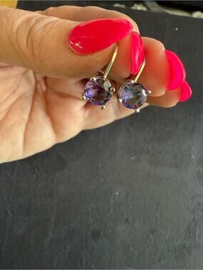 Sterling Silver Round Amethyst Color Purple Stone Drop Earrings